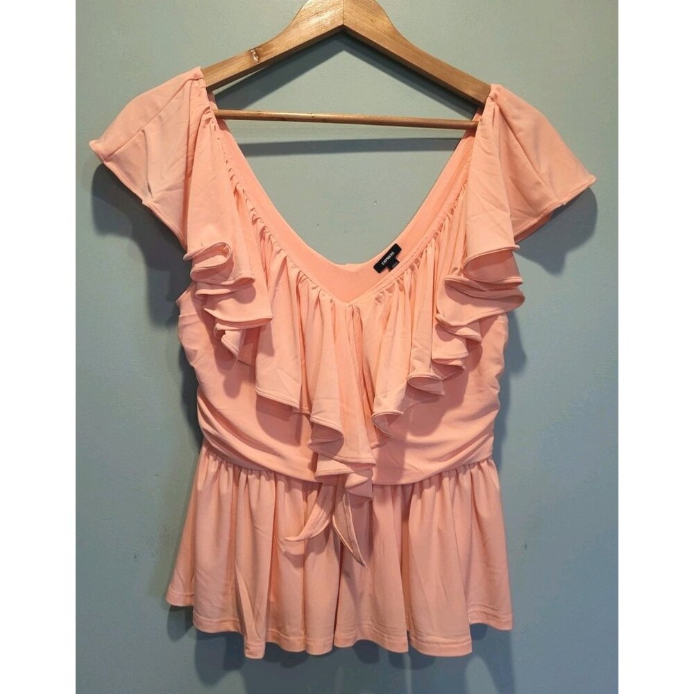 New Express Peach Pastel Stretchy Flutter Sleeve V Neck Peplum Top Ruffles Sz S